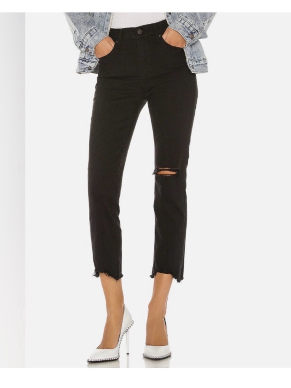 Levi’s Women's Black Distressed Cropped Jeans. High Rise Straight Crop.